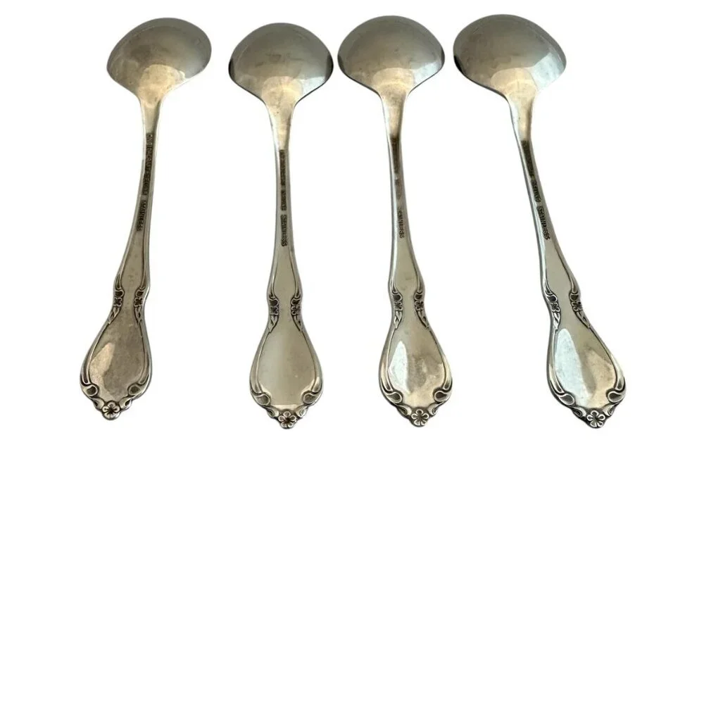 Oneidacraft Deluxe Stainless Flatware Set Chateau Floral 4 Table Spoons Large